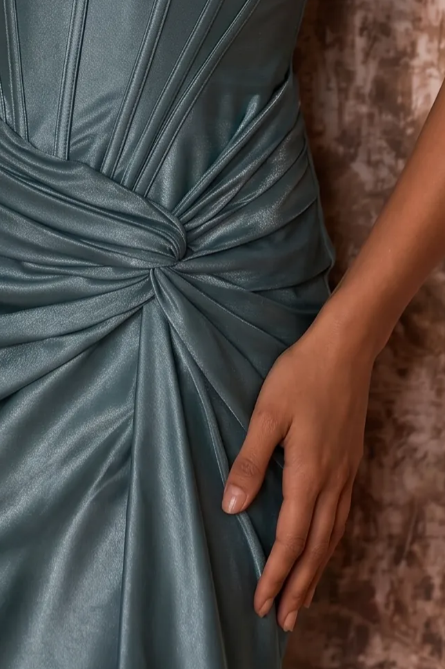 Steel Blue Silk Evening Dress - Corset Back Wedding Dress with Off-the-Shoulder Design Plus Size