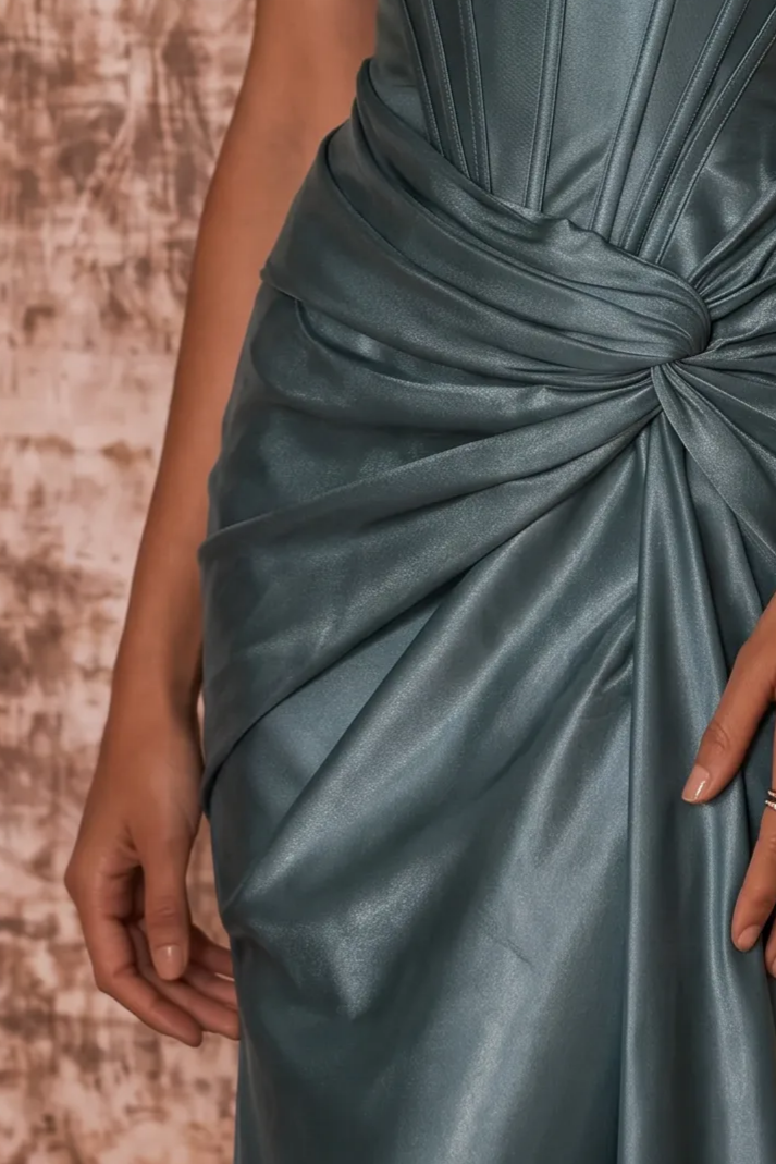 Steel Blue Silk Evening Dress - Corset Back Wedding Dress with Off-the-Shoulder Design Plus Size