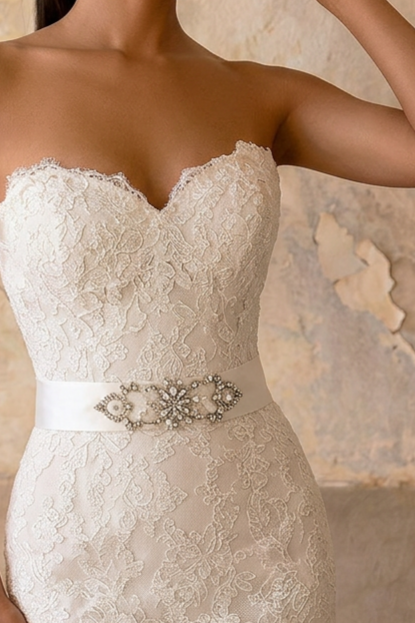 Strapless Lace Mermaid Wedding Gown with Layered Tulle Skirt - Strapless Sweetheart Neckline Wedding Dress with Satin Belt Plus Size