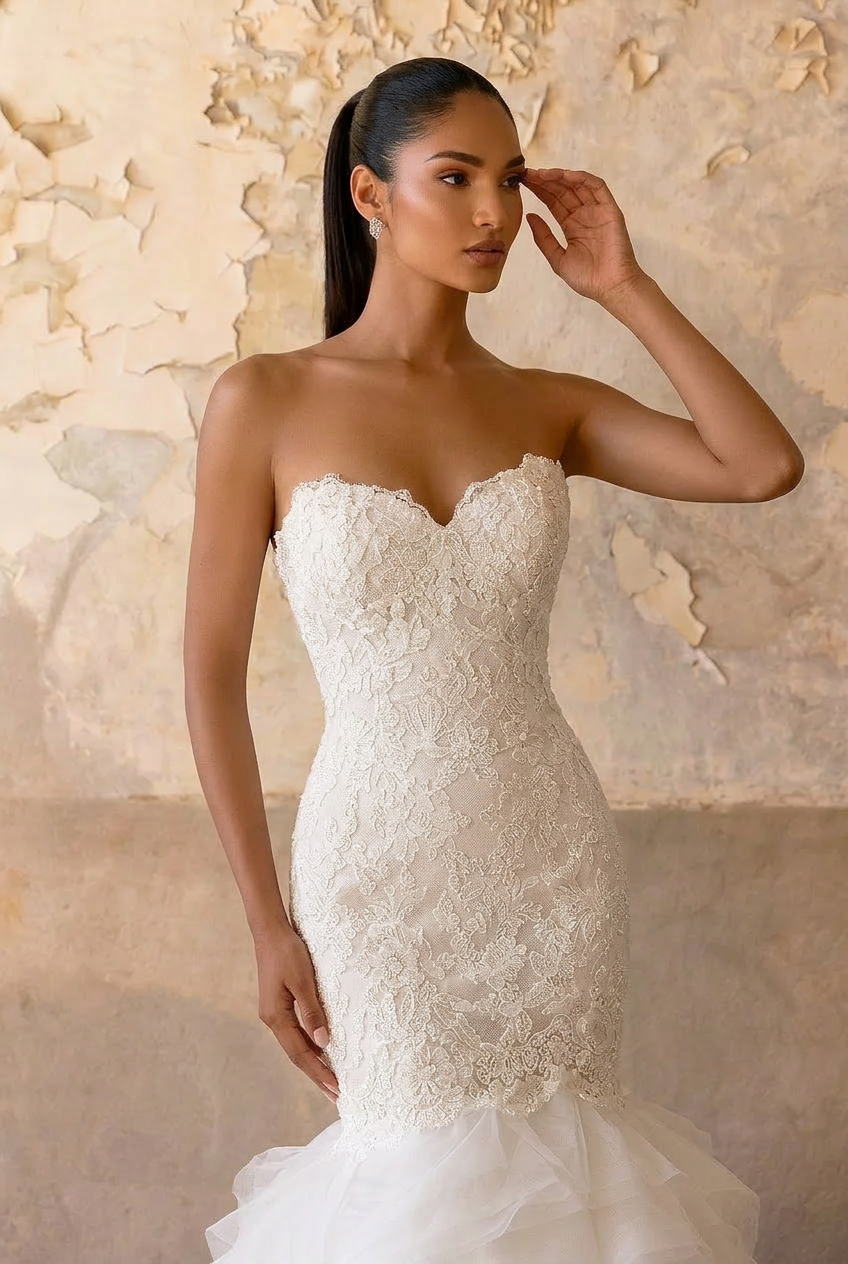Strapless Lace Mermaid Wedding Gown with Layered Tulle Skirt