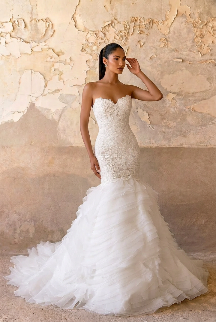 Strapless Lace Mermaid Wedding Gown with Layered Tulle Skirt - Strapless Sweetheart Neckline Wedding Dress with Satin Belt Plus Size