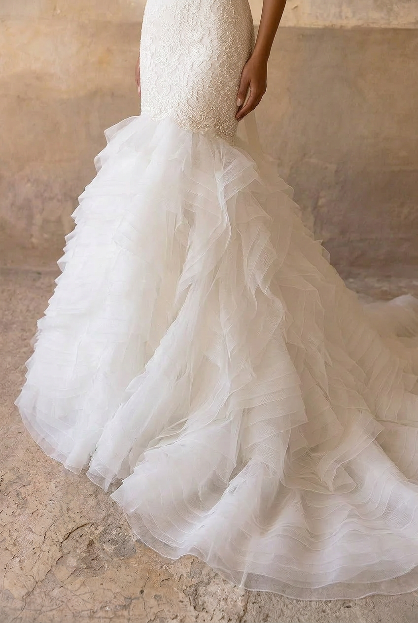 Strapless Lace Mermaid Wedding Gown with Layered Tulle Skirt - Strapless Sweetheart Neckline Wedding Dress with Satin Belt Plus Size