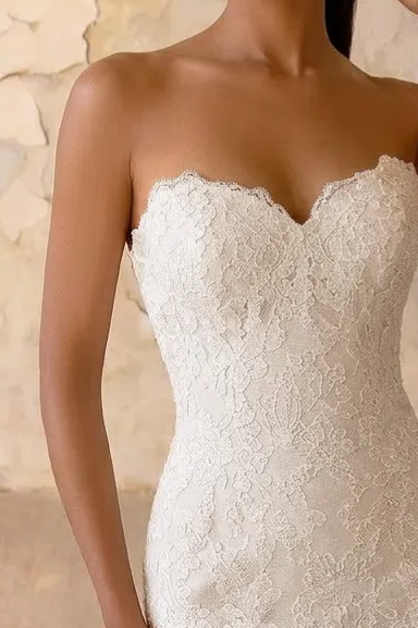Strapless Lace Mermaid Wedding Gown with Layered Tulle Skirt - Strapless Sweetheart Neckline Wedding Dress with Satin Belt Plus Size
