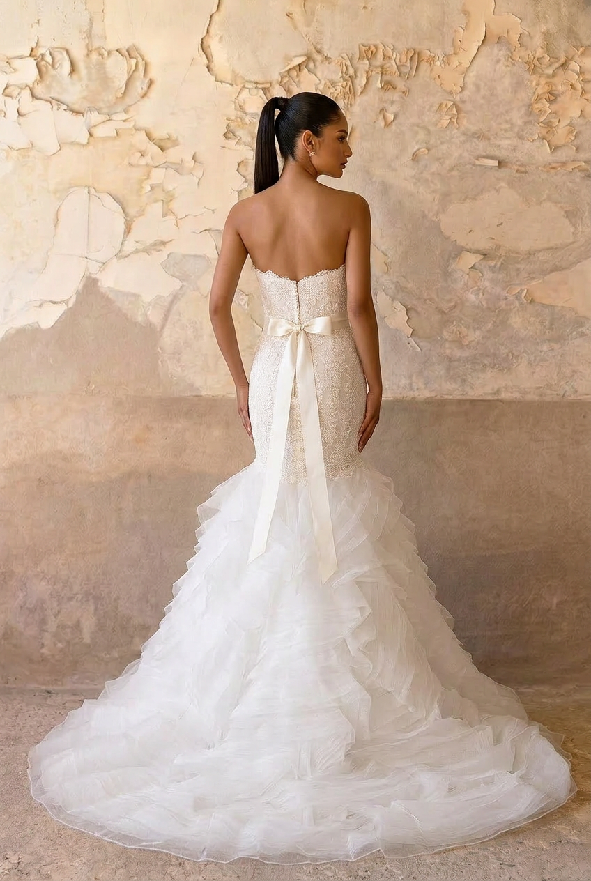 Strapless Lace Mermaid Wedding Gown with Layered Tulle Skirt - Strapless Sweetheart Neckline Wedding Dress with Satin Belt Plus Size