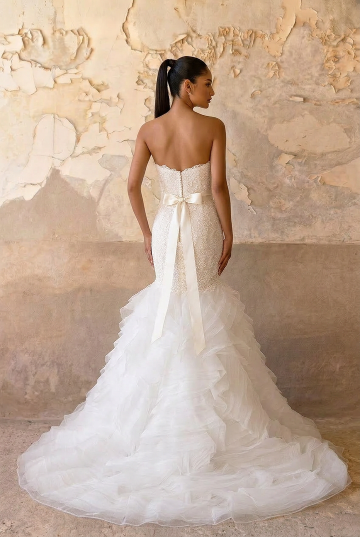 Strapless Lace Mermaid Wedding Gown with Layered Tulle Skirt - Strapless Sweetheart Neckline Wedding Dress with Satin Belt Plus Size