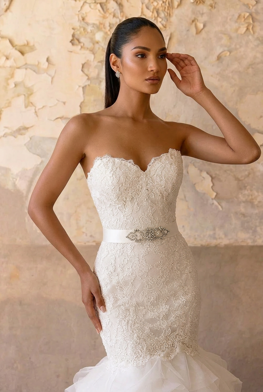 Strapless Lace Mermaid Wedding Gown with Layered Tulle Skirt - Strapless Sweetheart Neckline Wedding Dress with Satin Belt Plus Size