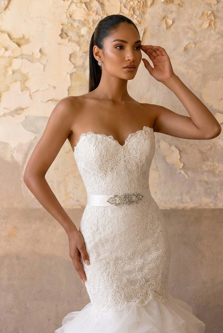 Strapless Lace Mermaid Wedding Gown with Layered Tulle Skirt - Strapless Sweetheart Neckline Wedding Dress with Satin Belt Plus Size