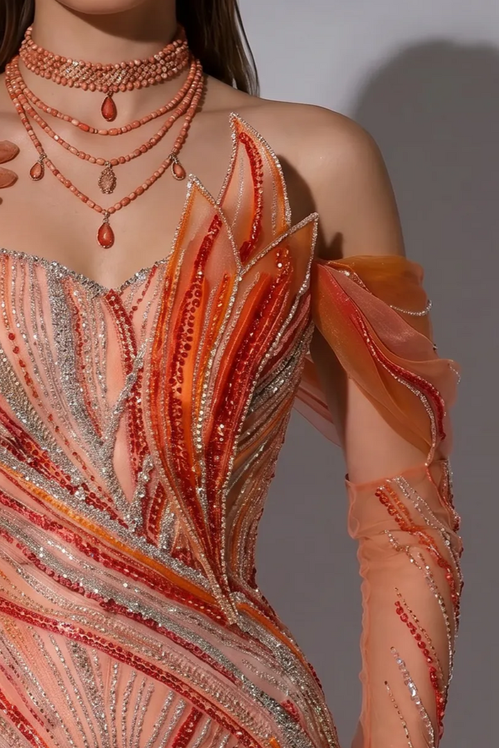 Sunset Coral Orange Evening Dress with Detachable Tulle Cape, Beaded Mermaid Formal Gown Plus Size