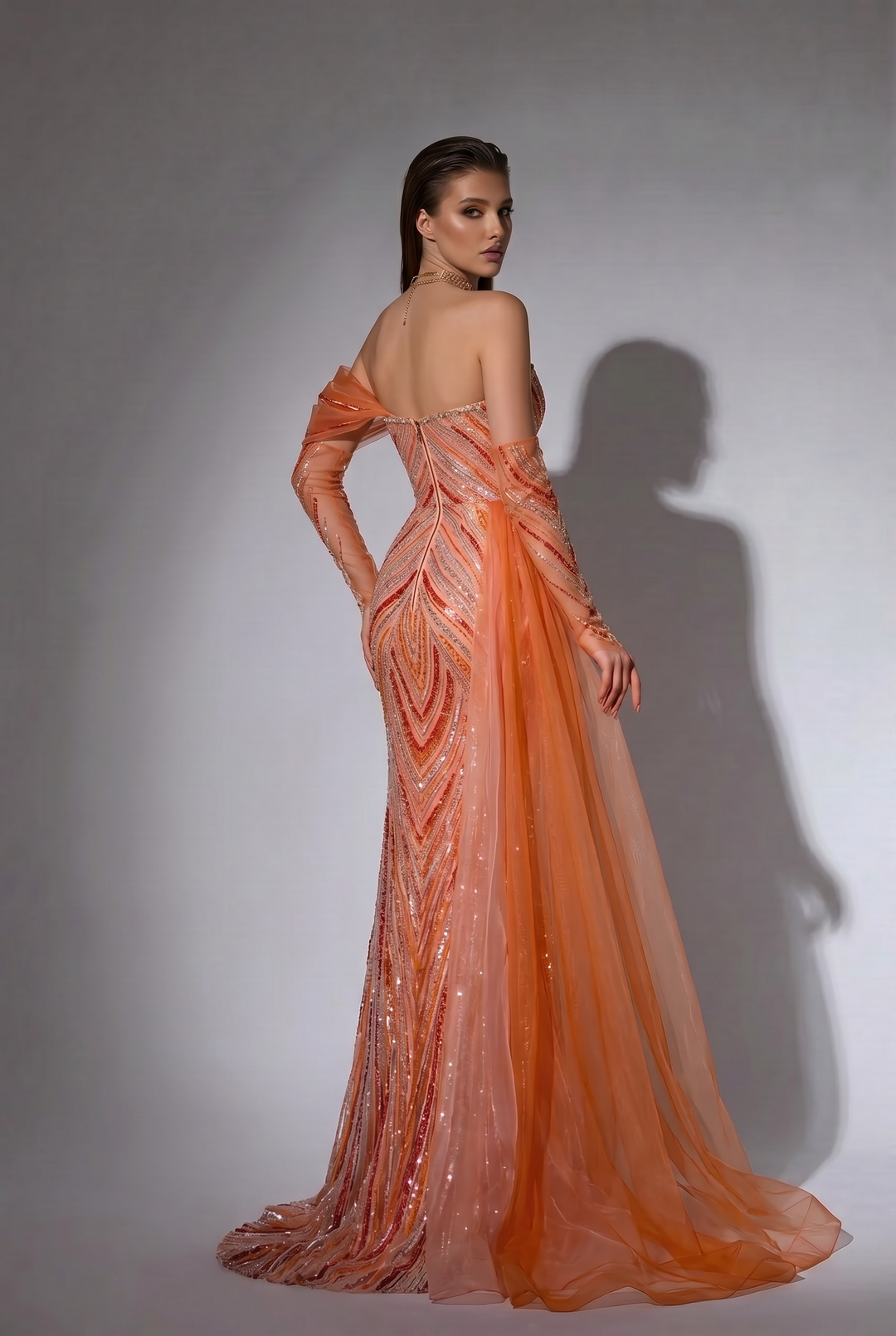 Sunset Coral Orange Evening Dress with Detachable Tulle Cape, Beaded Mermaid Formal Gown Plus Size