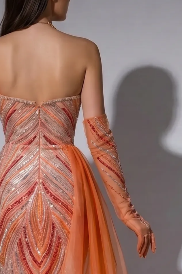 Sunset Coral Orange Evening Dress with Detachable Tulle Cape, Beaded Mermaid Formal Gown Plus Size