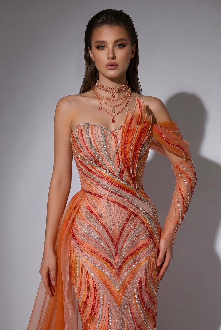 Sunset Coral Orange Evening Dress with Detachable Tulle Cape, Beaded Mermaid Formal Gown Plus Size