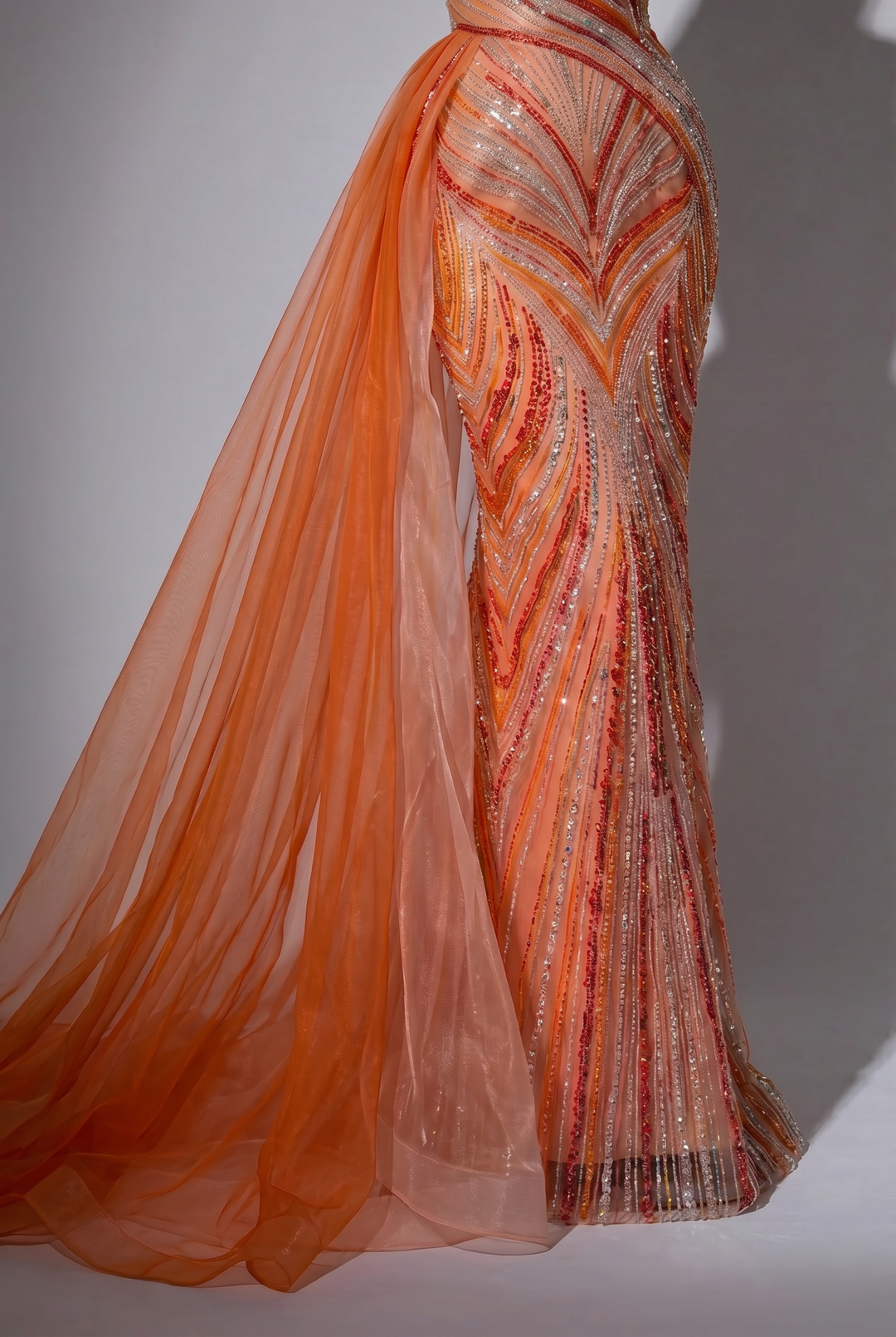 Sunset Coral Orange Evening Dress with Detachable Tulle Cape, Beaded Mermaid Formal Gown Plus Size