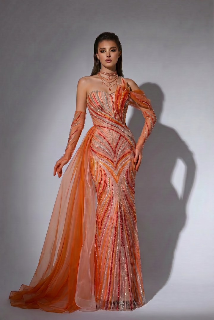 Sunset Coral Orange Evening Dress with Detachable Tulle Cape, Beaded Mermaid Formal Gown Plus Size