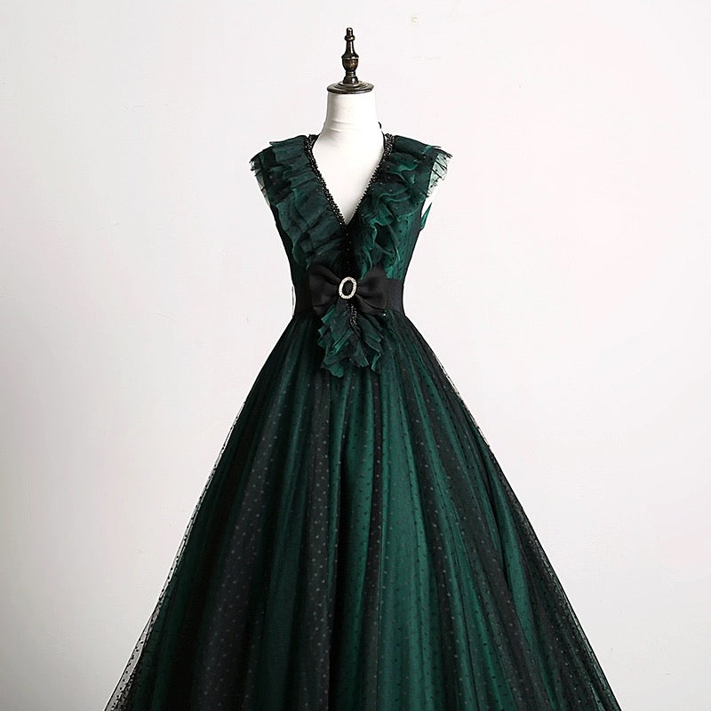 Gothic Forest Green Ball Gown with Textured Ruffle Accents