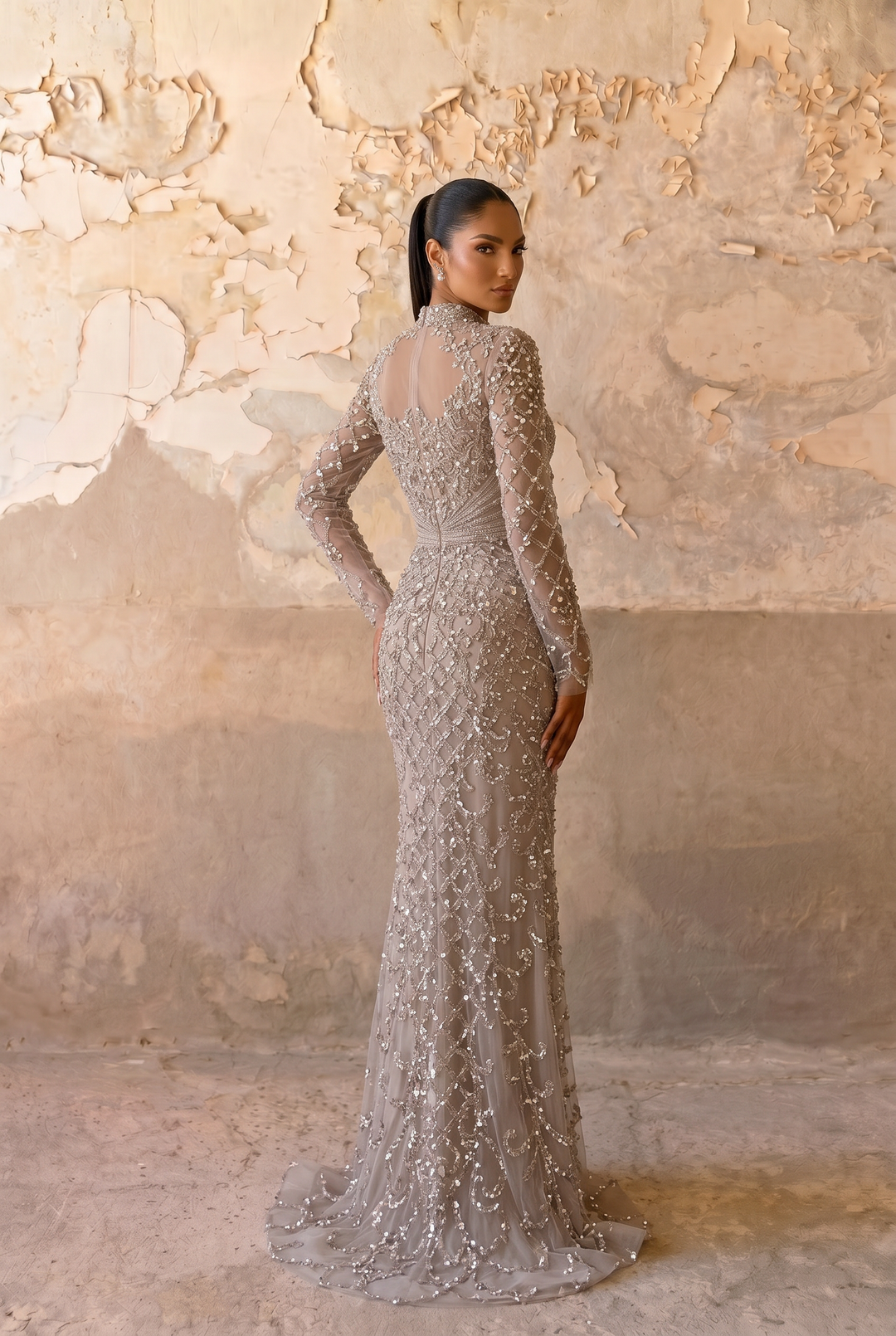 Taupe High Neck Beaded Mermaid Evening Gown with Long Sleeves and Illusion Bodice – Formal Dress Plus Size
