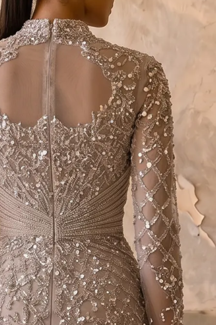 Taupe High Neck Beaded Mermaid Evening Gown with Long Sleeves and Illusion Bodice – Formal Dress Plus Size