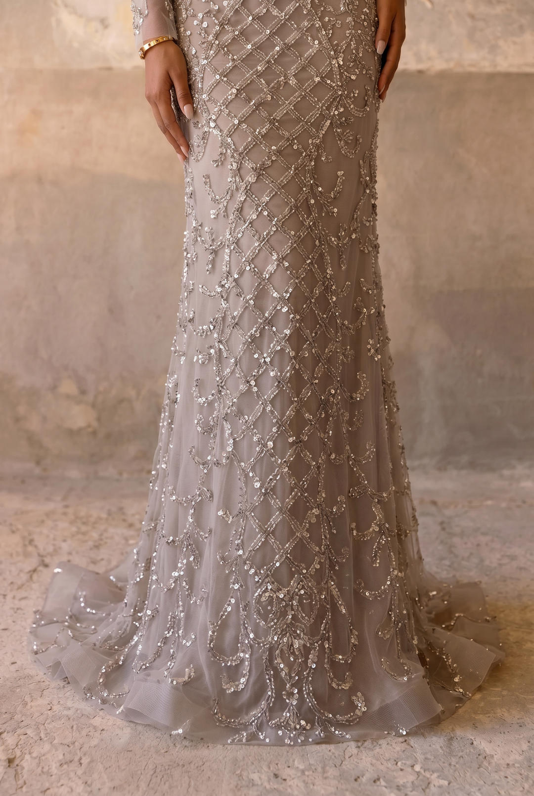 Taupe High Neck Beaded Mermaid Evening Gown with Long Sleeves and Illusion Bodice – Formal Dress Plus Size