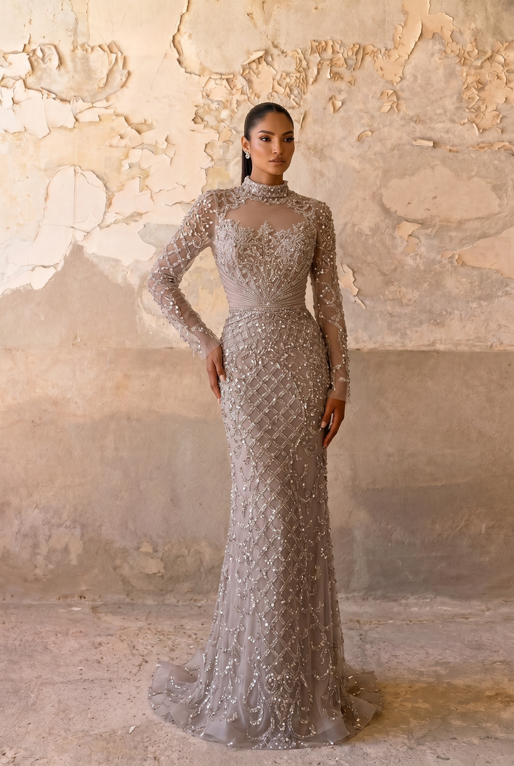 Taupe High Neck Beaded Mermaid Evening Gown with Long Sleeves and Illusion Bodice – Formal Dress Plus Size