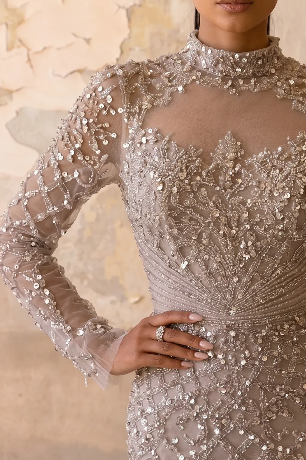 Taupe High Neck Beaded Mermaid Evening Gown with Long Sleeves and Illusion Bodice – Formal Dress Plus Size