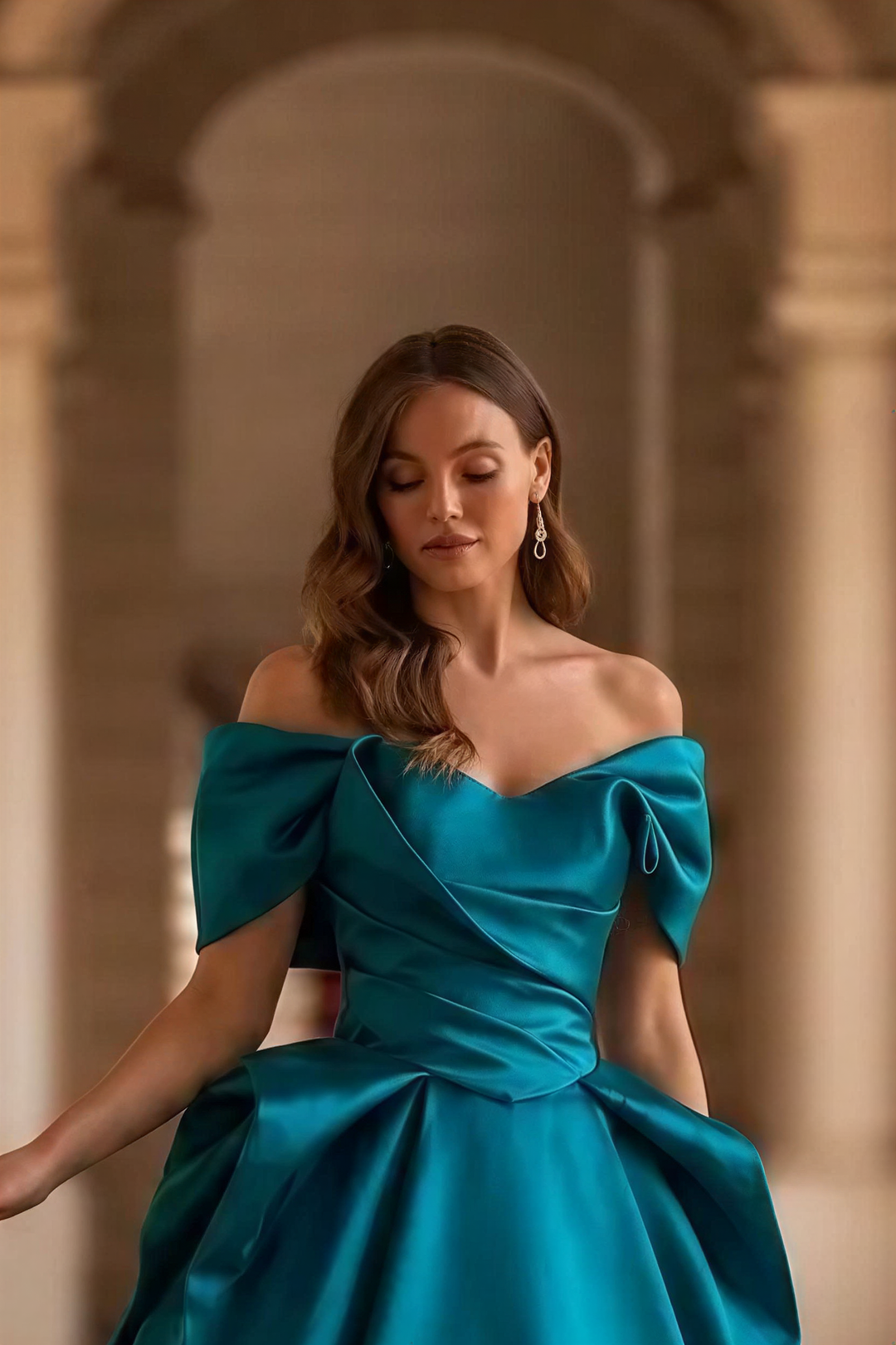 Teal Satin Ball Gown with Off Shoulder Draped Bodice Elegant Princess Evening Dress Regal Minimalist Couture Formal Gown Plus Size