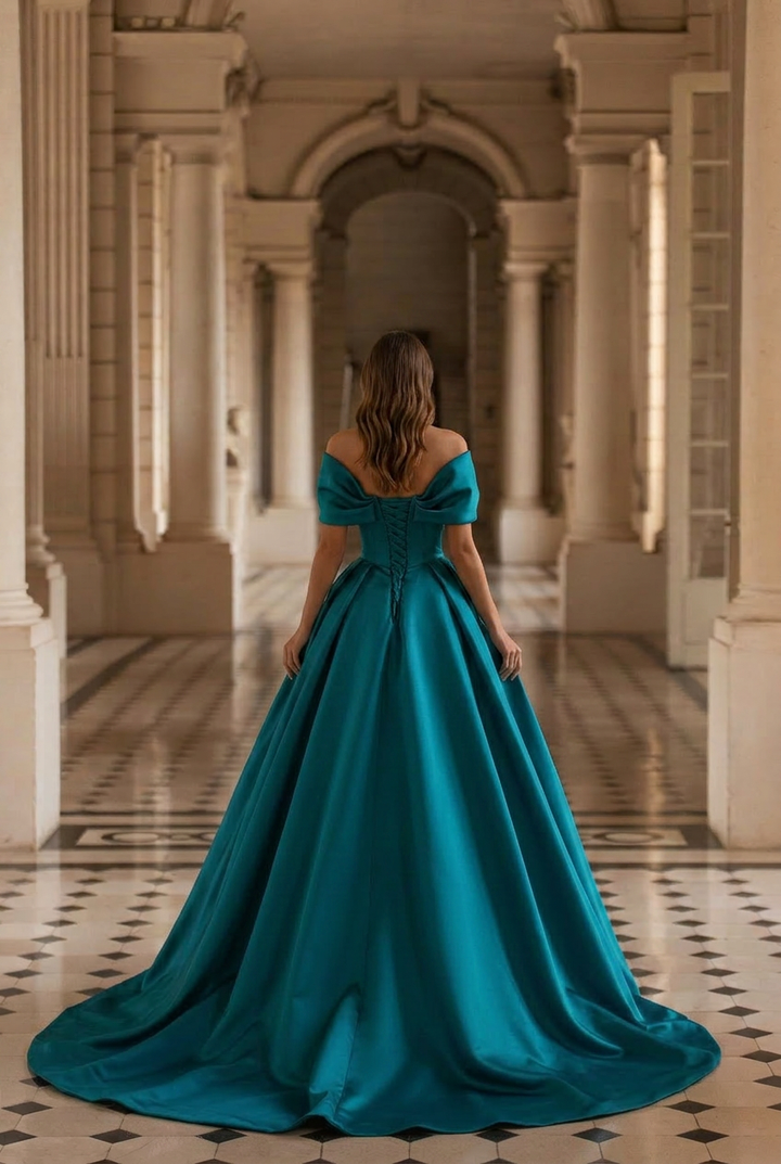 Teal Satin Ball Gown with Off Shoulder Draped Bodice Elegant Princess Evening Dress Regal Minimalist Couture Formal Gown Plus Size
