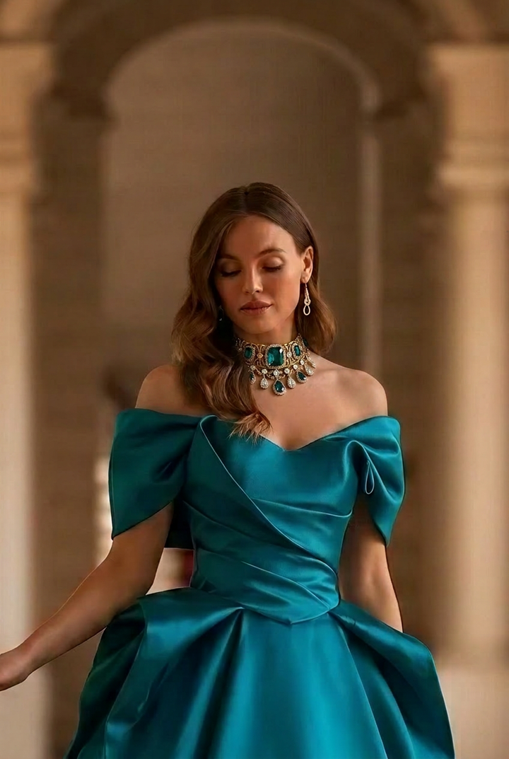 Teal Satin Ball Gown with Off Shoulder Draped Bodice Elegant Princess Evening Dress Regal Minimalist Couture Formal Gown Plus Size