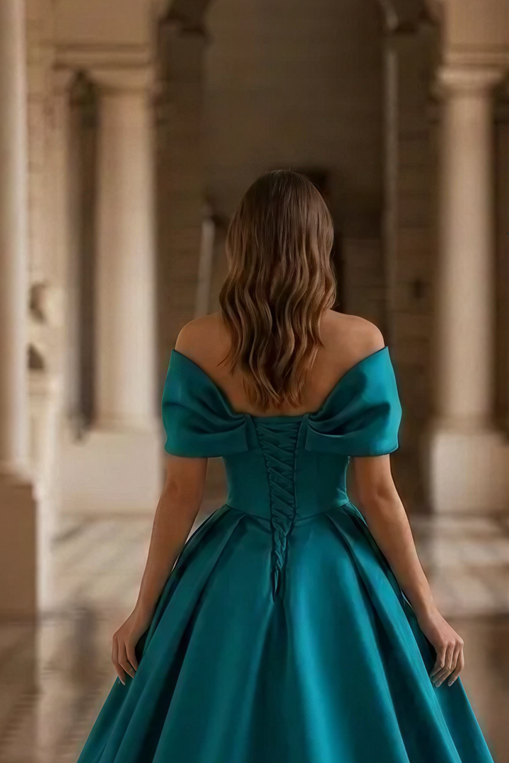 Teal Satin Ball Gown with Off Shoulder Draped Bodice Elegant Princess Evening Dress Regal Minimalist Couture Formal Gown Plus Size