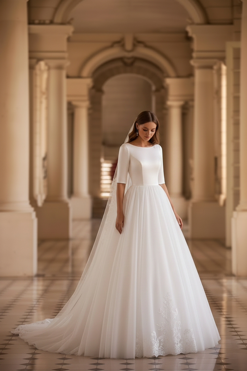 Timeless Beauty: Modest Simple Satin Lace Wedding Dress with Sleeves Plus Size