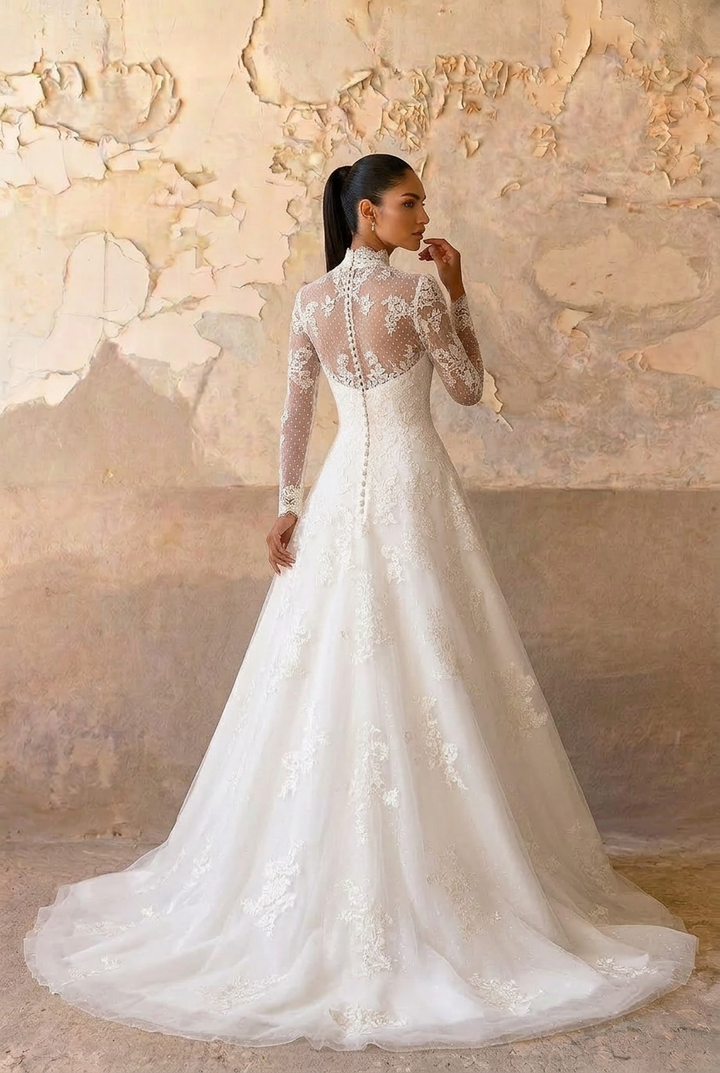 Timeless Beauty: Vintage Style Modest Lace Wedding Dress with High Neck