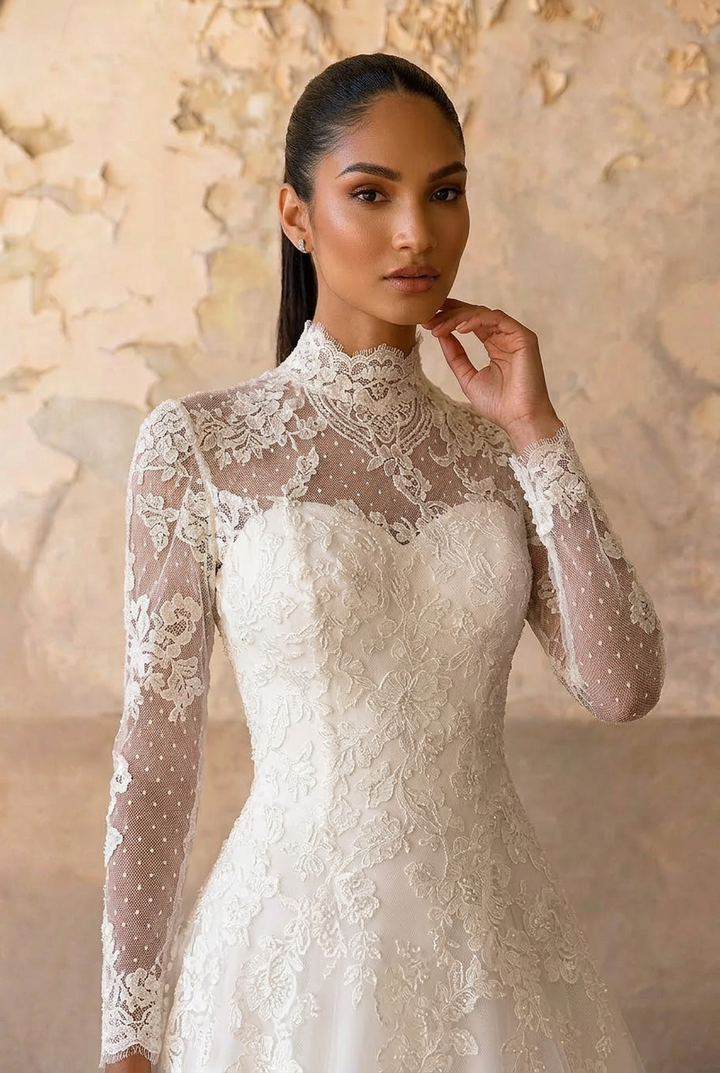 Timeless Beauty: Vintage Style Modest Lace Wedding Dress with High Neck