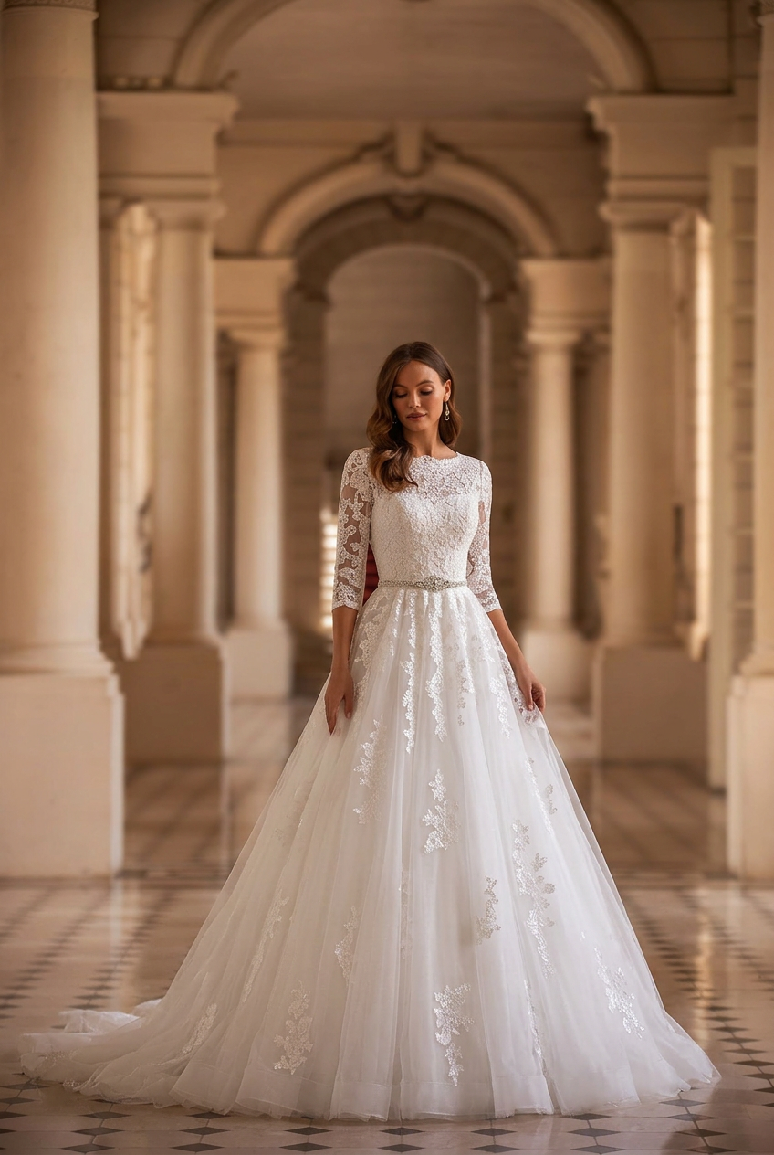 Timeless Elegance: Modest Lace Wedding Dress with Half Sleeves Plus Size Size 8 Timeless Elegance: Modest Lace Wedding Dress with Half Sleeves Plus Size Size 8