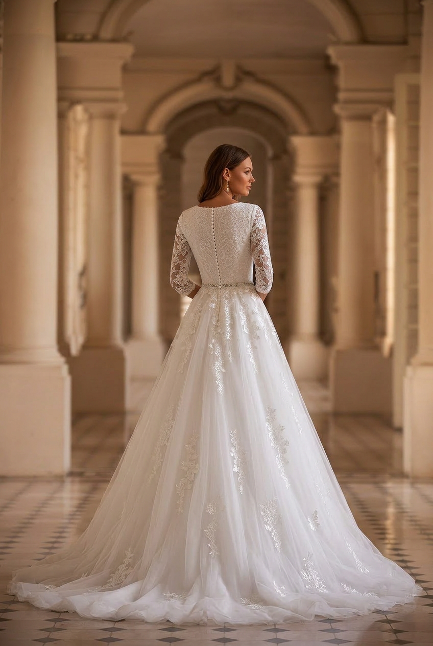 Timeless Elegance: Modest Lace Wedding Dress with Half Sleeves Plus Size Size 8 Timeless Elegance: Modest Lace Wedding Dress with Half Sleeves Plus Size Size 8