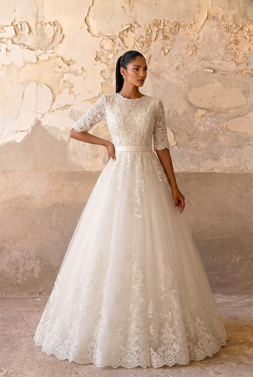 Timeless Elegance: Vintage Modest Lace Wedding Dress with Half Sleeves Plus Size Size 16W / White / No Veil