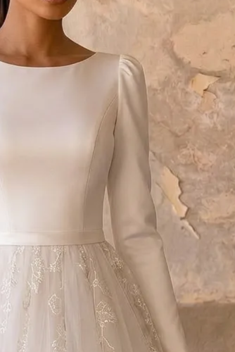 Timeless Minimalism: Modest Long Sleeves Wedding Dress with Lace Skirt