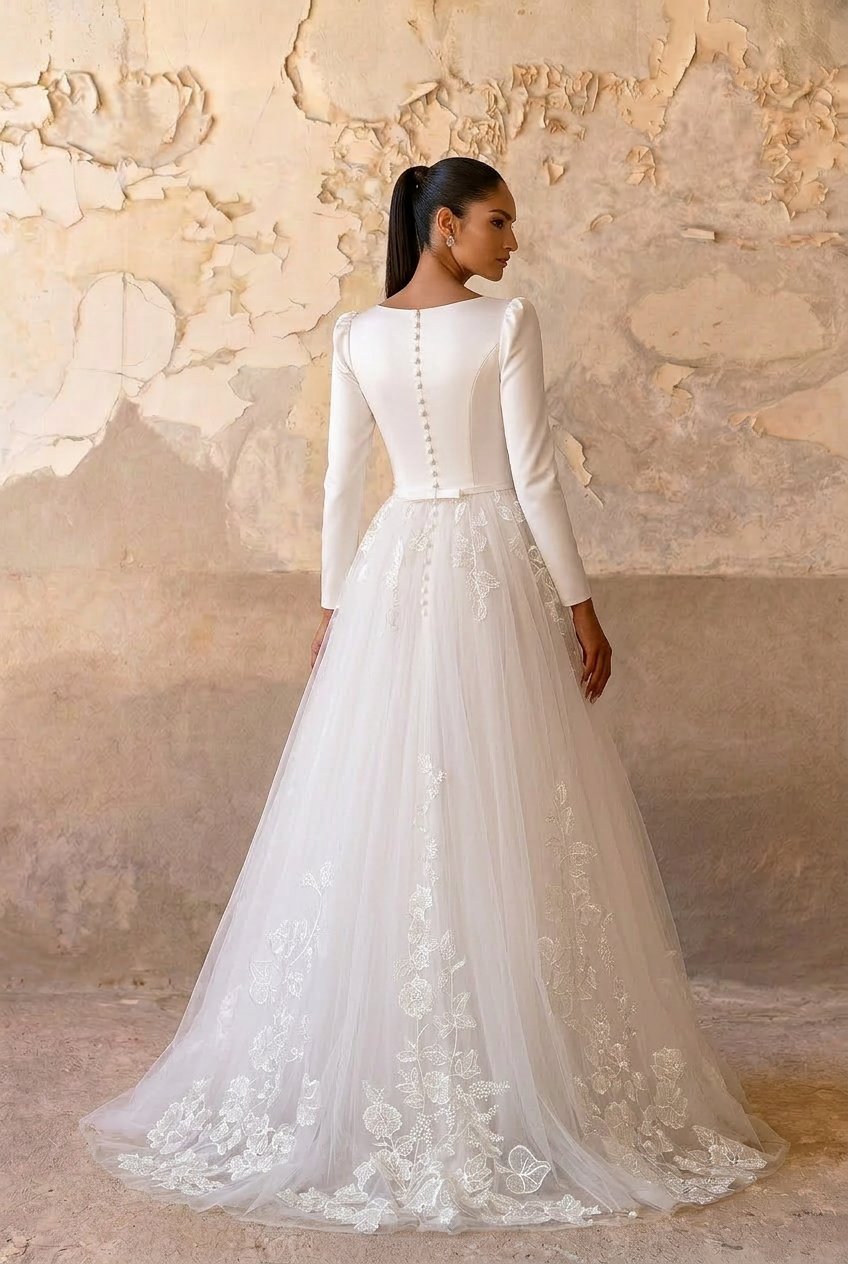 Timeless Minimalism: Modest Long Sleeves Wedding Dress with Lace Skirt
