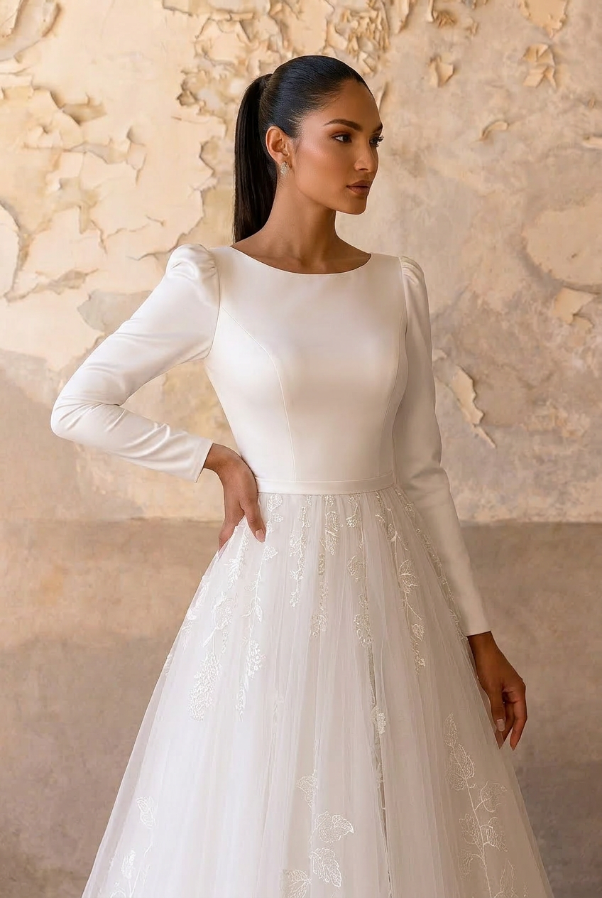 Timeless Minimalism: Modest Long Sleeves Wedding Dress with Lace Skirt