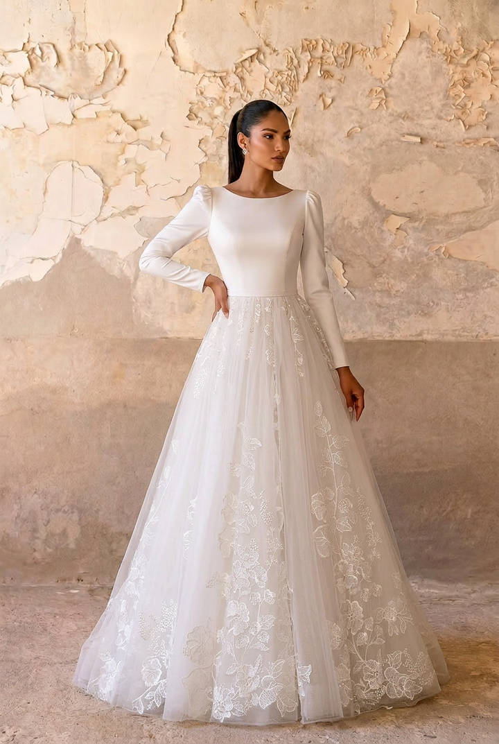 Timeless Minimalism: Modest Long Sleeves Wedding Dress with Lace Skirt