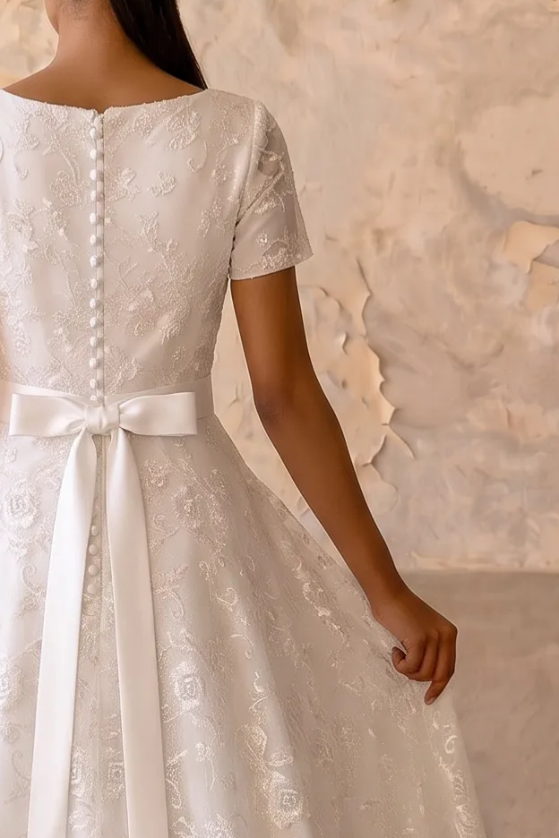 Timeless Sophistication: Modest Lace A-Line Wedding Dress with Short Sleeves Plus Size