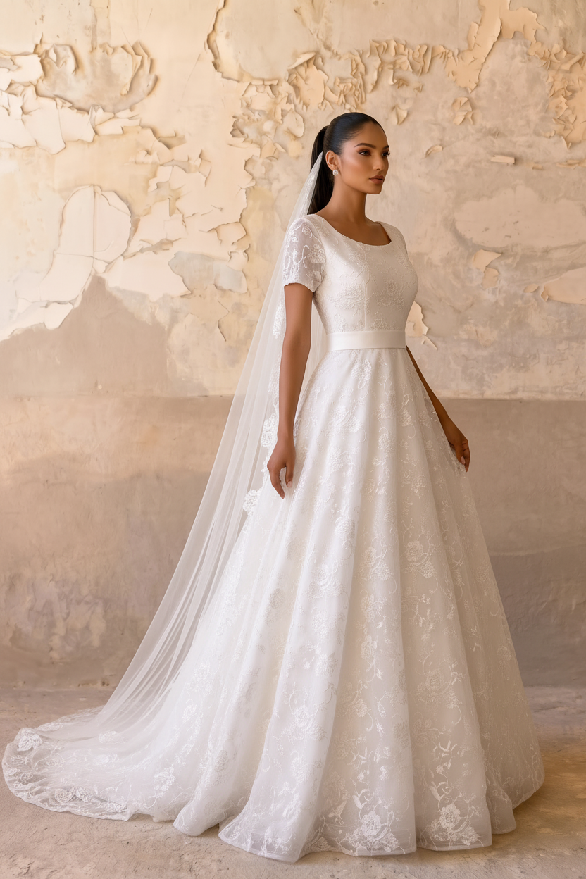 short sleeve a line wedding dress Simple Crepe Wedding Dress Short Sleeve Bridal Gown With Sweetheart Neckline | Inga