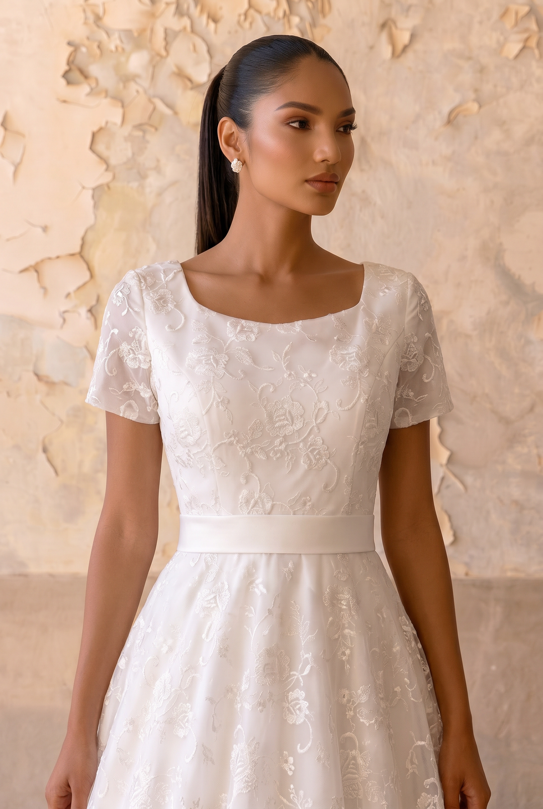 Timeless Sophistication: Modest Lace A-Line Wedding Dress with Short Sleeves Plus Size