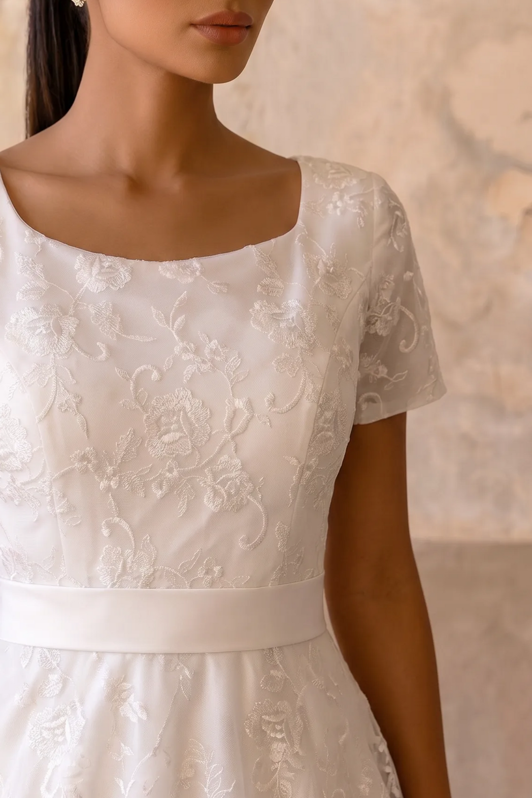 Timeless Sophistication: Modest Lace A-Line Wedding Dress with Short Sleeves Plus Size