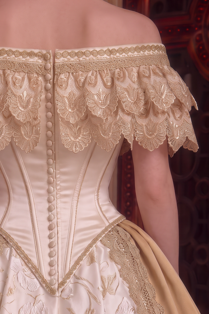 Tudor Inspired Ivory and Champagne Gold Ball Gown Wedding Dress with Floral Embroidery Plus Size