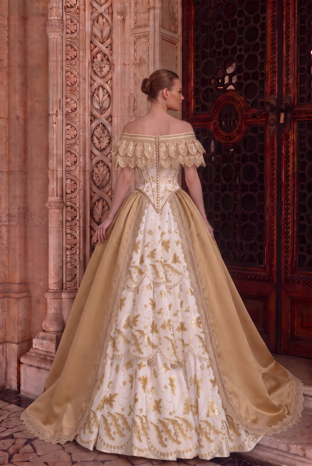Tudor Inspired Ivory and Champagne Gold Ball Gown Wedding Dress with Floral Embroidery Plus Size