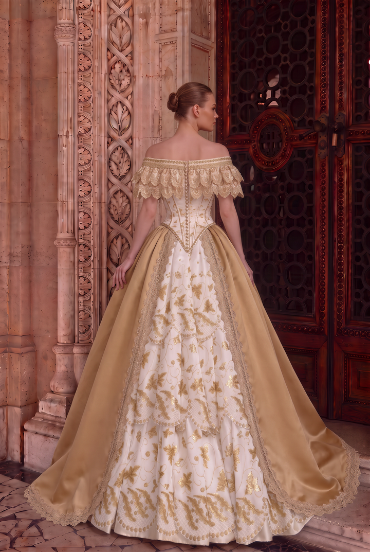 Tudor Inspired Ivory and Champagne Gold Ball Gown Wedding Dress with Floral Embroidery Plus Size