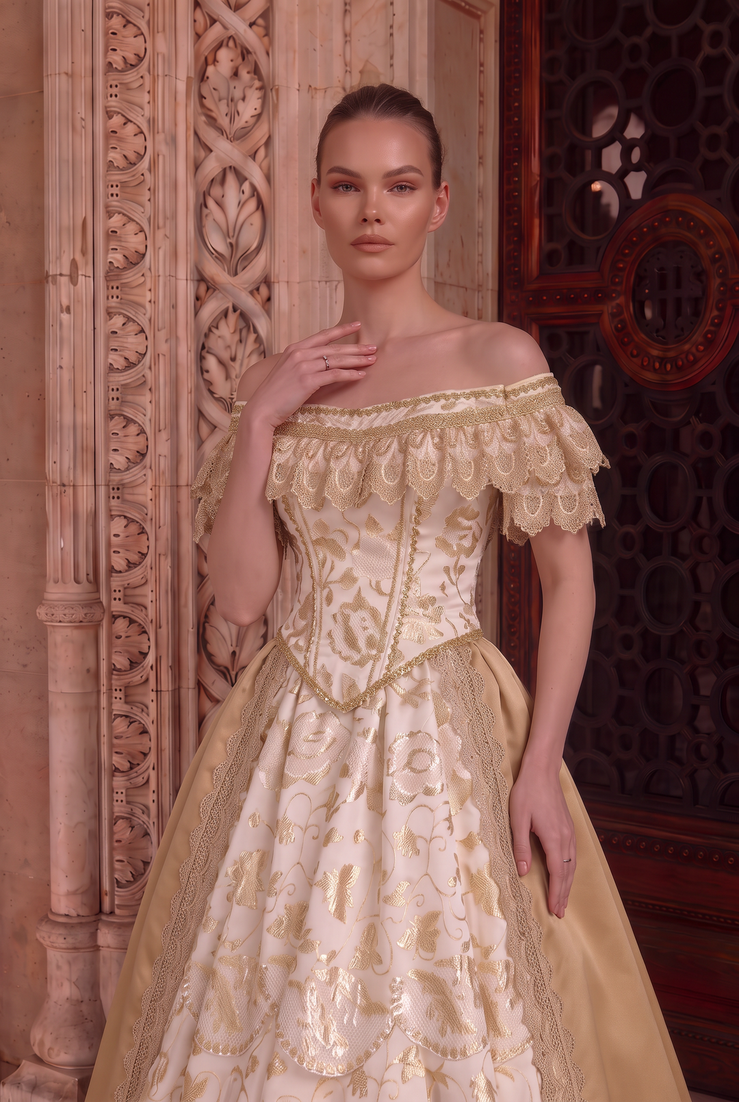 Tudor Inspired Ivory and Champagne Gold Ball Gown Wedding Dress with Floral Embroidery Plus Size
