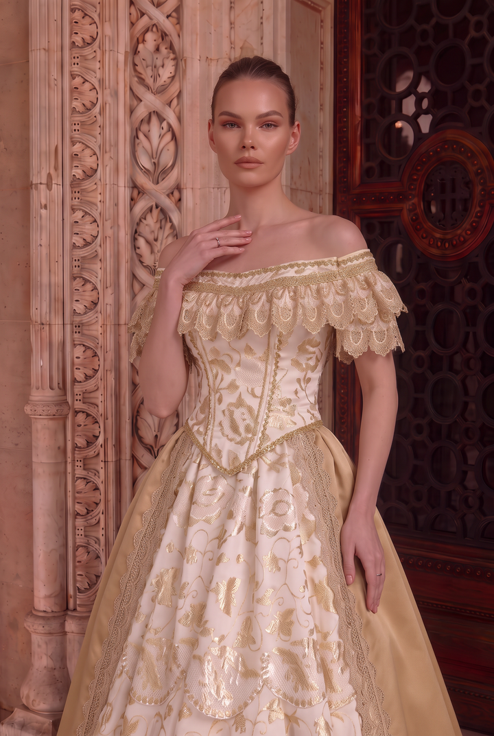 Tudor Inspired Ivory and Champagne Gold Ball Gown Wedding Dress with Floral Embroidery Plus Size