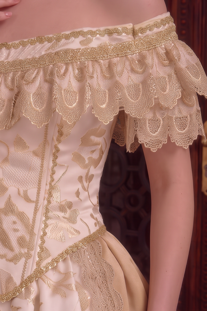 Tudor Inspired Ivory and Champagne Gold Ball Gown Wedding Dress with Floral Embroidery Plus Size
