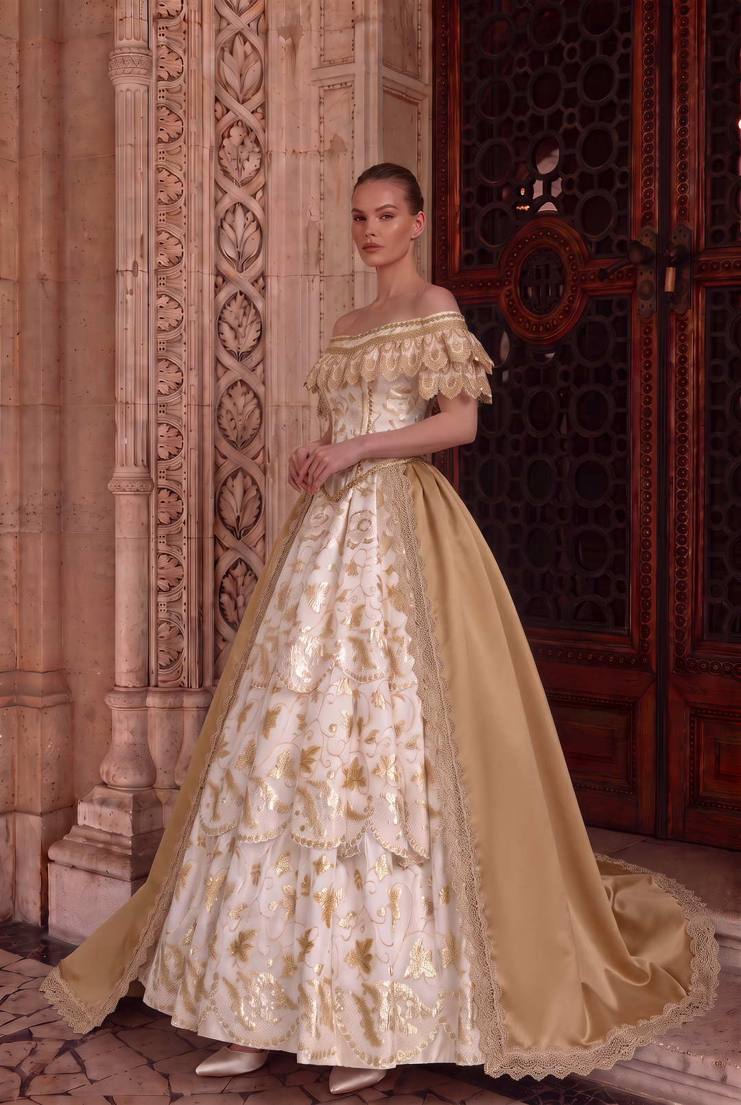 Tudor Inspired Ivory and Champagne Gold Ball Gown Wedding Dress with Floral Embroidery Plus Size