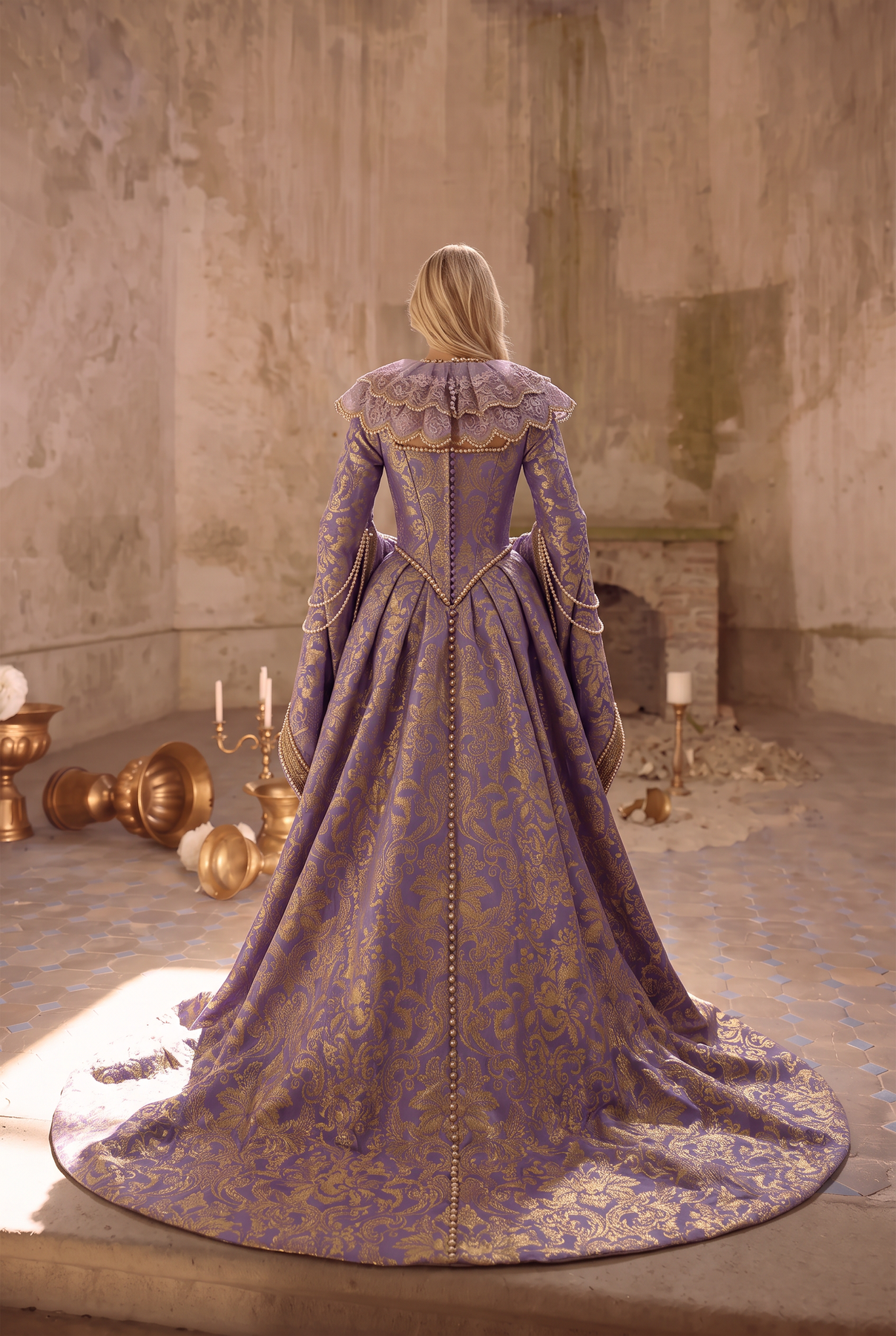 Tudor Renaissance Gown Purple Gold Brocade Square Neck Long Sleeve Roy ...