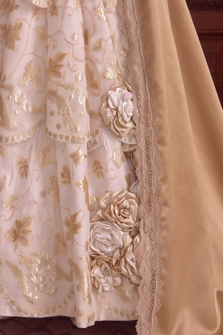 Tudor Inspired Ivory and Champagne Gold Ball Gown Wedding Dress with Floral Embroidery Plus Size